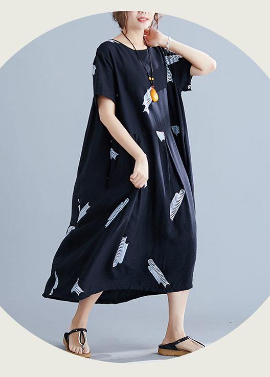 Bohemian black prints cotton linen Robes loose waist Plus Size Clothing summer Dresses