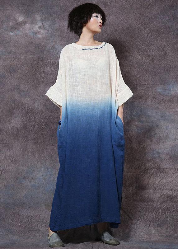 Bohemian blue linen cotton clothes gradient color Maxi summer Dresses