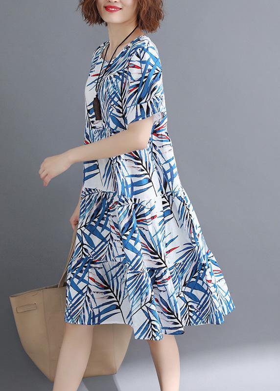 Bohemian blue print cotton clothes o neck Cinched tunic summer Dress