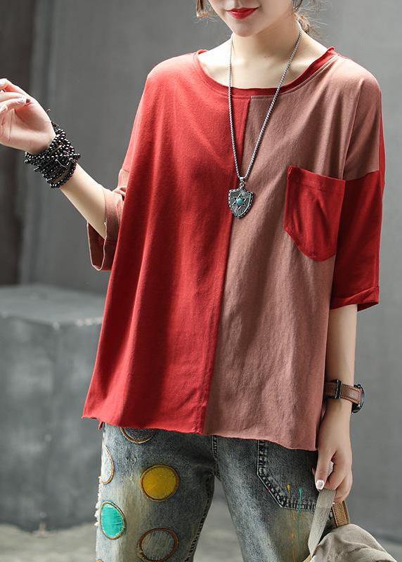 Bohemian cotton tops women stylish Single Pocket Color Matching Casual Blouse