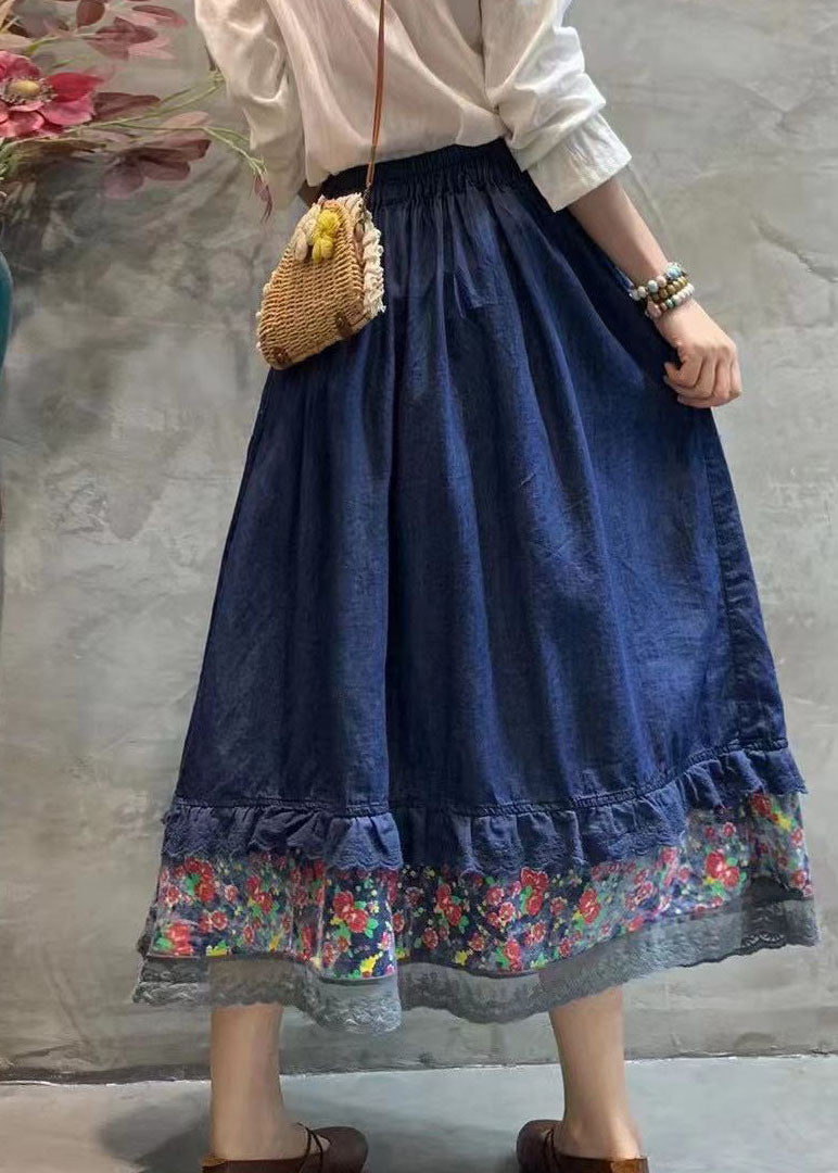 Bohemian dark Blue elastic waist lace Patchwork Skirt Spring