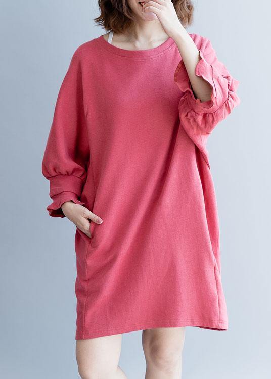 Bohemian dark pink Cotton clothes lantern sleeve oversized fall Dresses