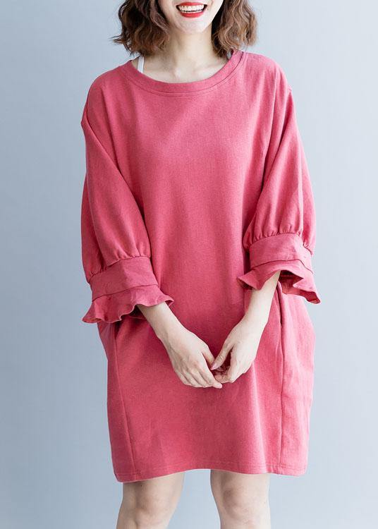 Bohemian dark pink Cotton clothes lantern sleeve oversized fall Dresses