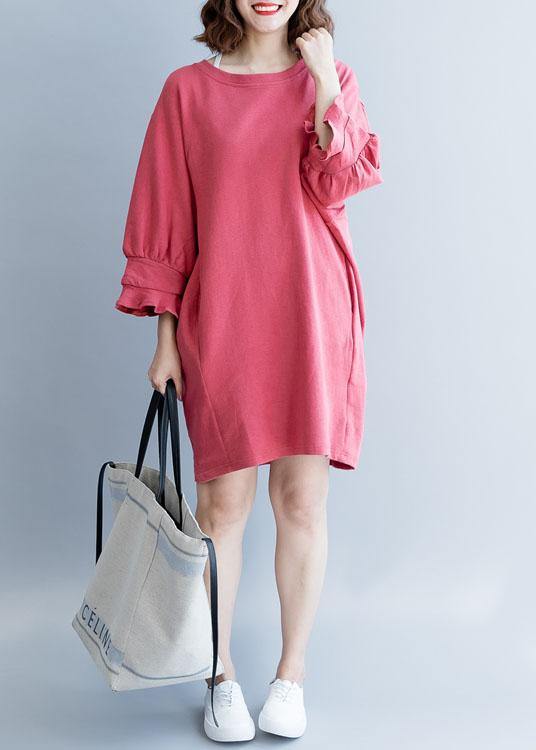 Bohemian dark pink Cotton clothes lantern sleeve oversized fall Dresses