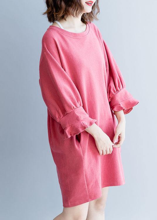 Bohemian dark pink Cotton clothes lantern sleeve oversized fall Dresses