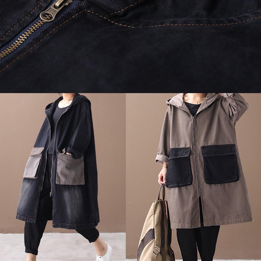 Bohemian denim black Fine tunic pattern Outfits hooded Large pockets winter women coats