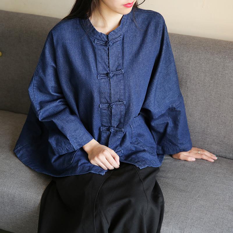 Bohemian denim dark blue clothes For Women stand collar Chinese Button tunic blouse