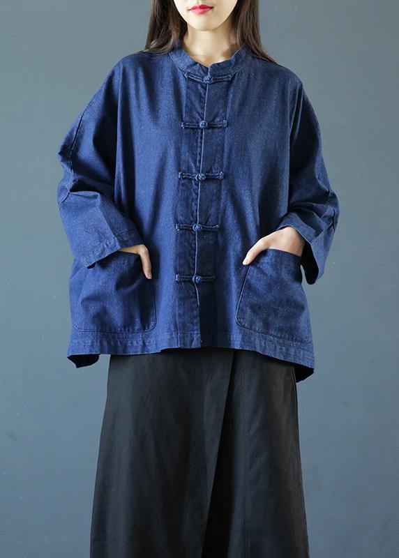 Bohemian denim dark blue clothes For Women stand collar Chinese Button tunic blouse