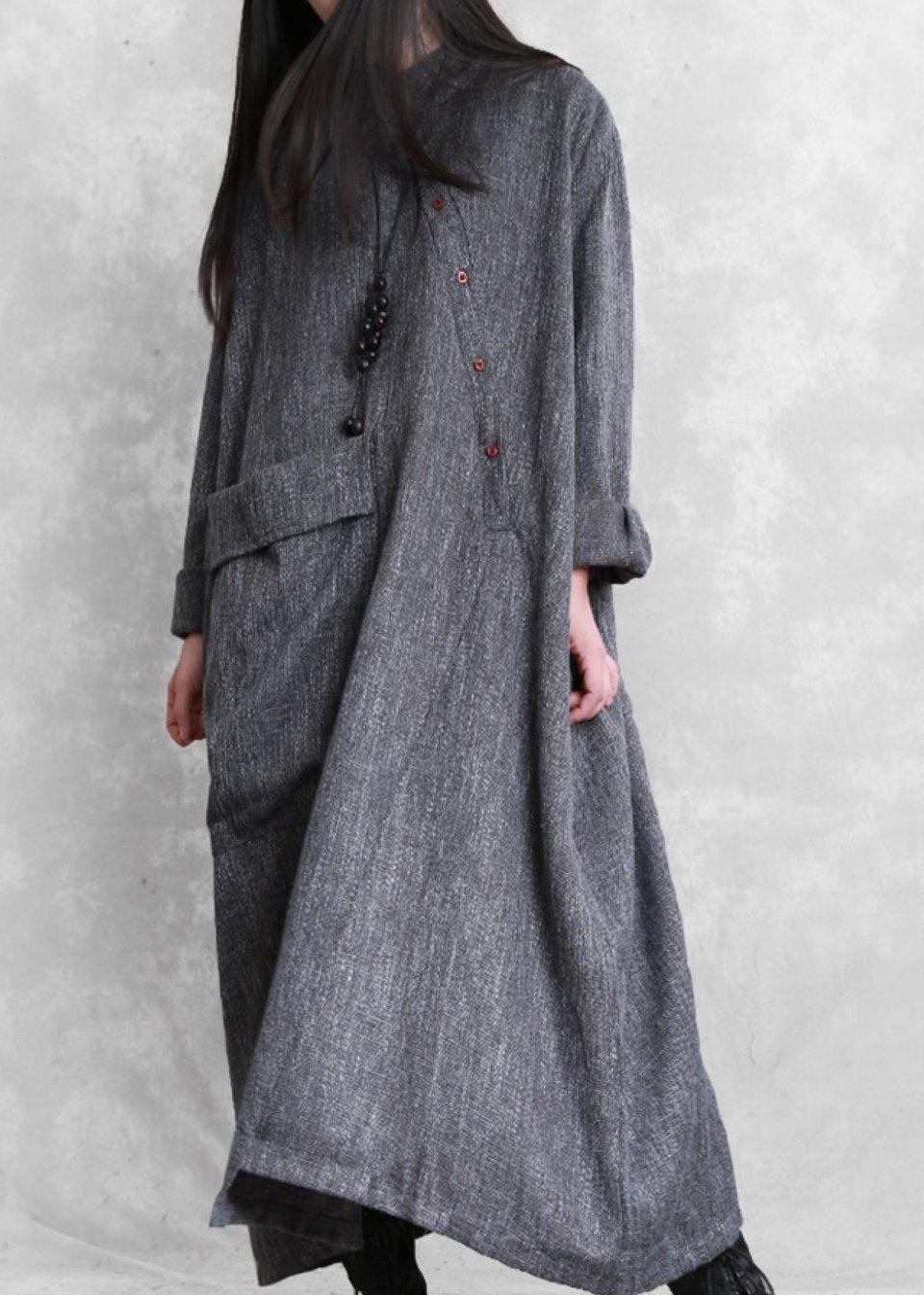 Bohemian gray linen clothes For Women stand collar asymmetric loose Dresses