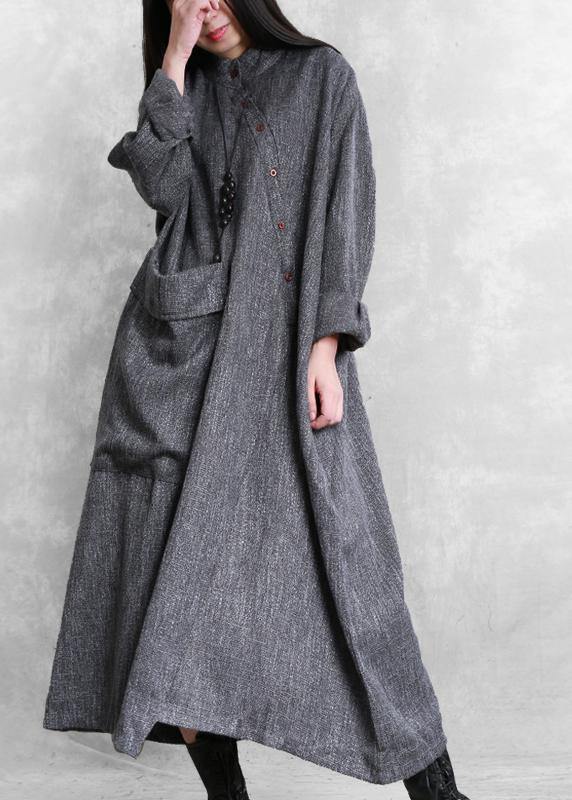 Bohemian gray linen clothes For Women stand collar asymmetric loose Dresses