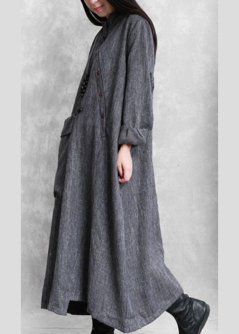 Bohemian gray linen clothes For Women stand collar asymmetric loose Dresses