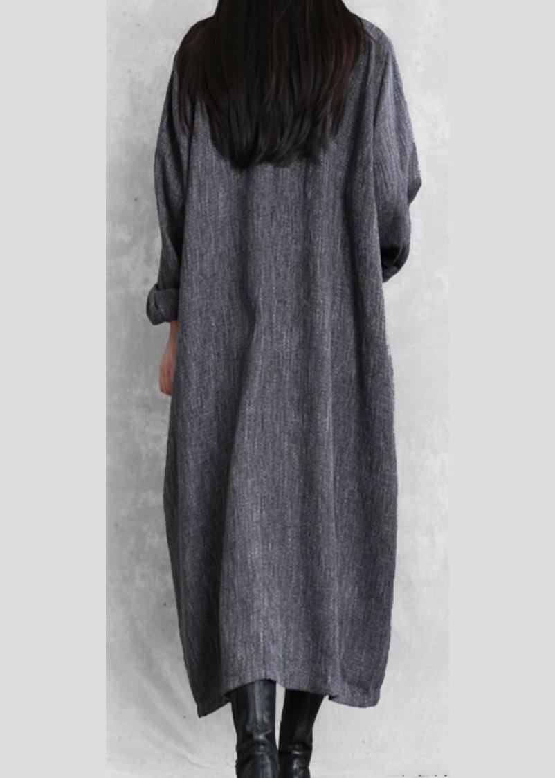 Bohemian gray linen clothes For Women stand collar asymmetric loose Dresses