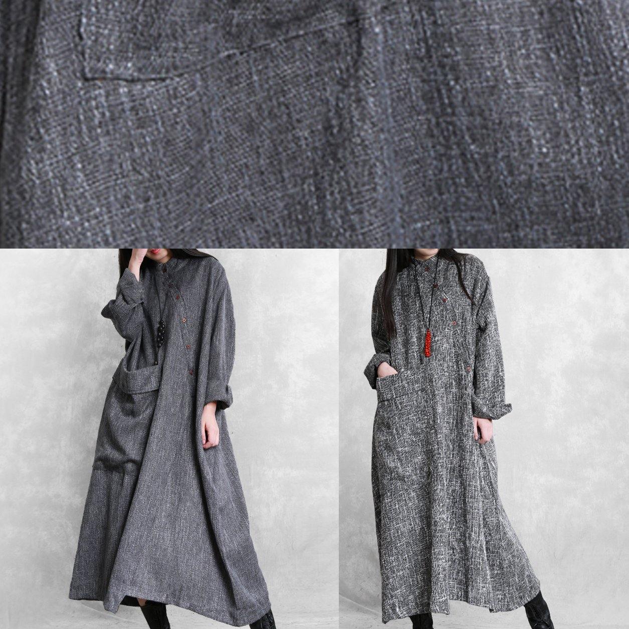 Bohemian gray linen clothes For Women stand collar asymmetric loose Dresses