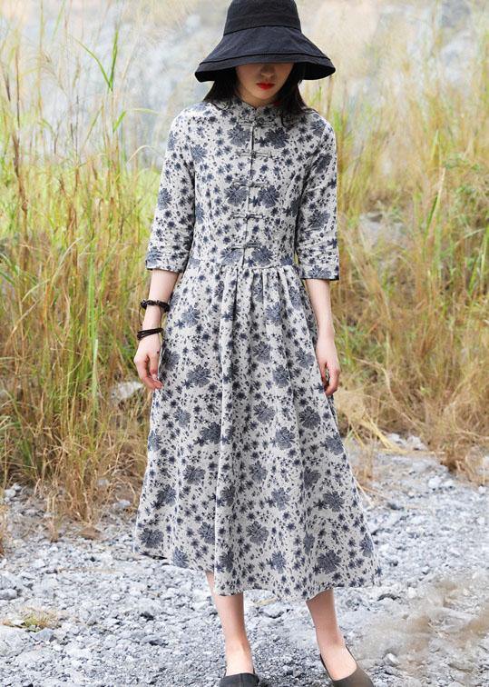 Bohemian gray prints linen clothes For Women Chinese Button A Line Dress