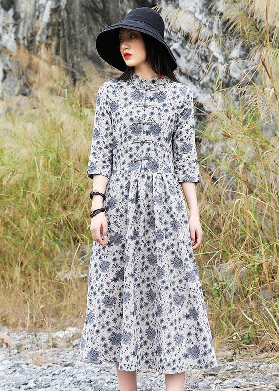 Bohemian gray prints linen clothes For Women Chinese Button A Line Dress