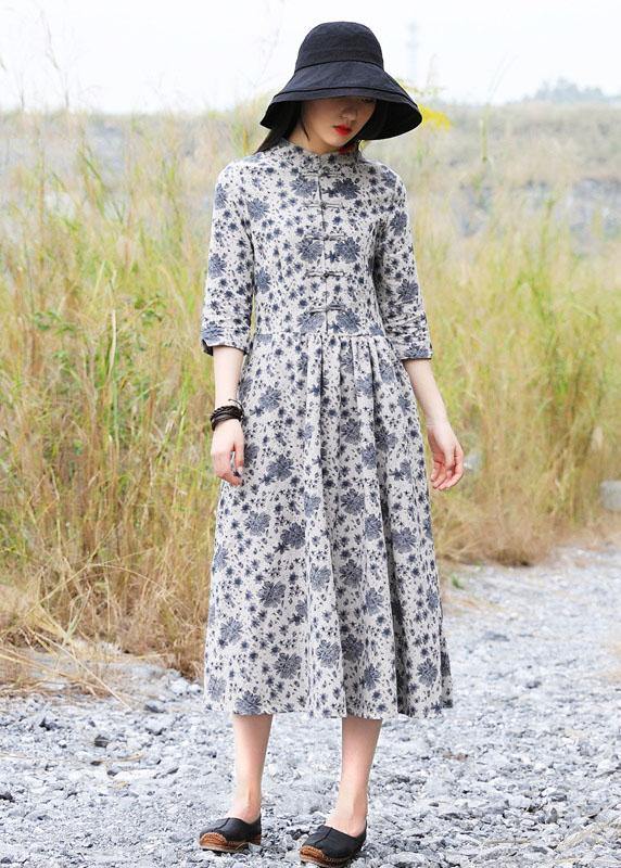 Bohemian gray prints linen clothes For Women Chinese Button A Line Dress