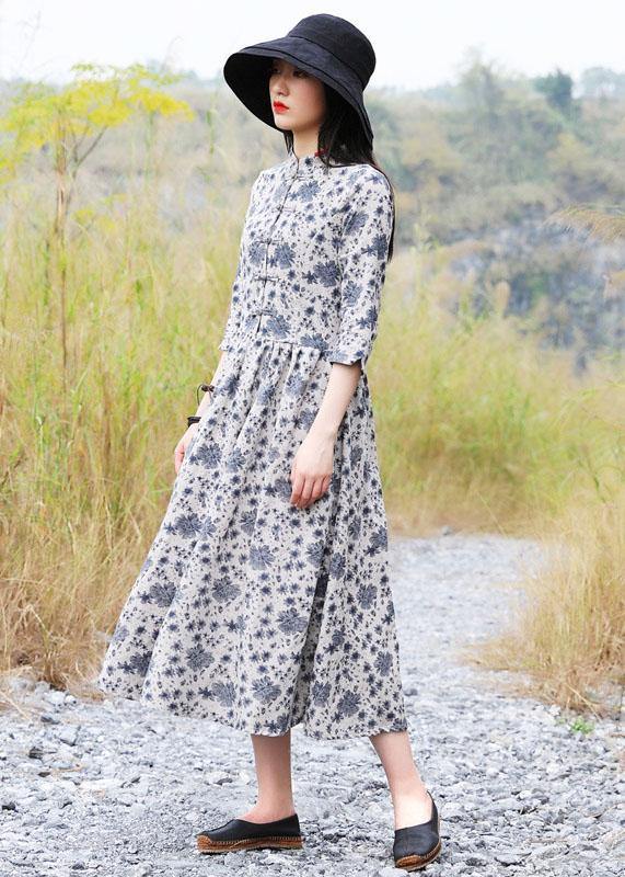 Bohemian gray prints linen clothes For Women Chinese Button A Line Dress