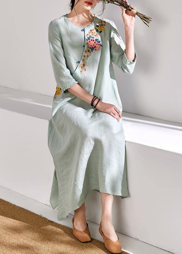 Bohemian green linen clothes For Women embroidery A Line o neck Dresses