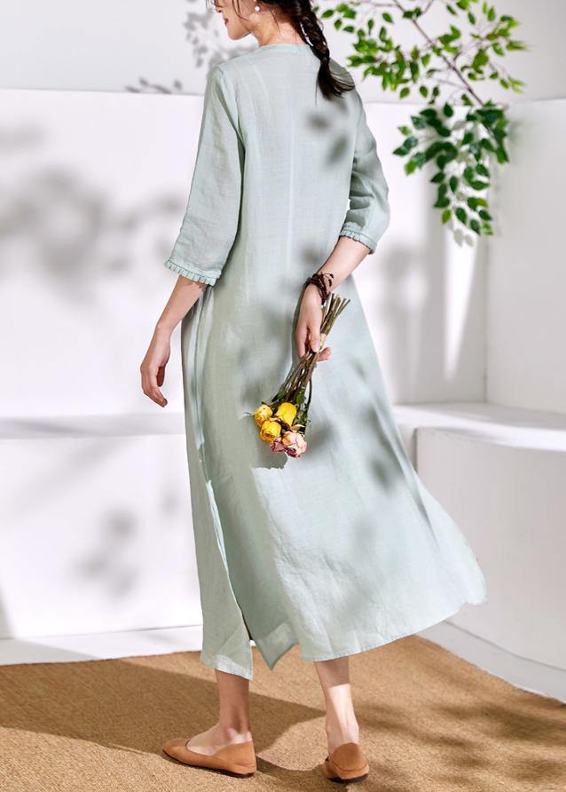 Bohemian green linen clothes For Women embroidery A Line o neck Dresses