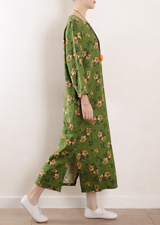 Bohemian green o neck linen outfit floral cotton summer Dress