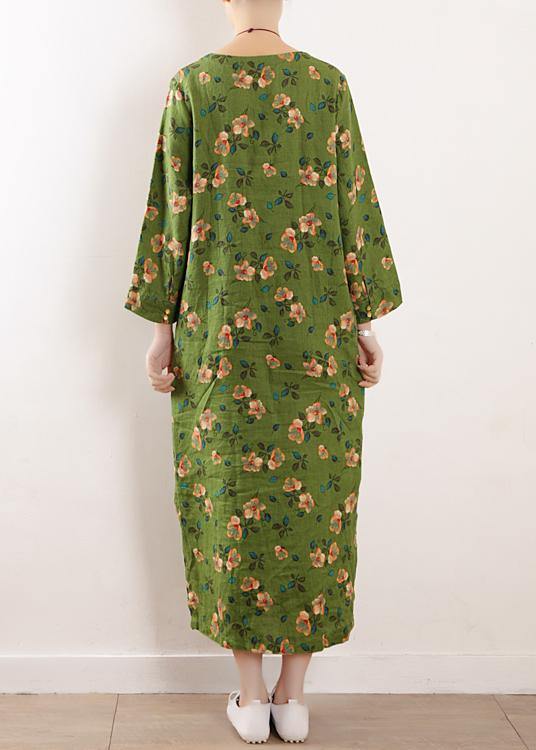 Bohemian green o neck linen outfit floral cotton summer Dress