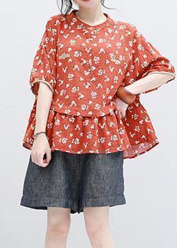 Bohemian half sleeve linen Tunic design red prints blouse summer