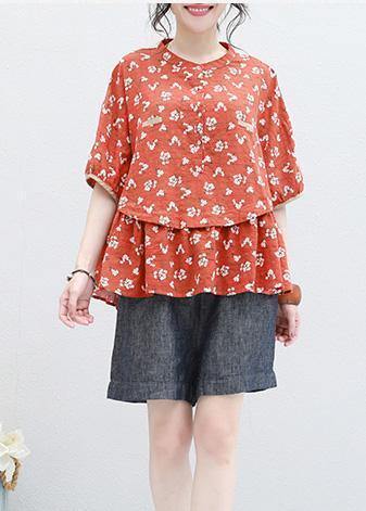 Bohemian half sleeve linen Tunic design red prints blouse summer