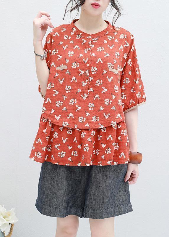 Bohemian half sleeve linen Tunic design red prints blouse summer