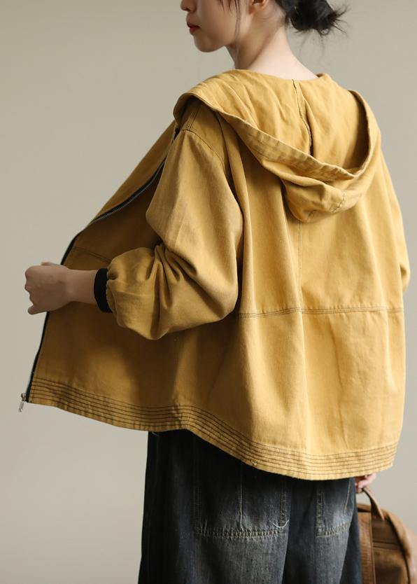 Bohemian hooded zippered Plus Size fall clothes For Women yellow loose outwears