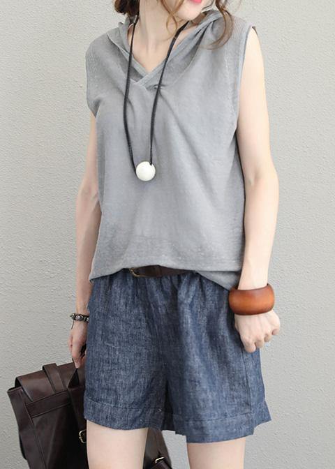 Bohemian light gray cotton Long Shirts Neckline hooded sleeveless top summer