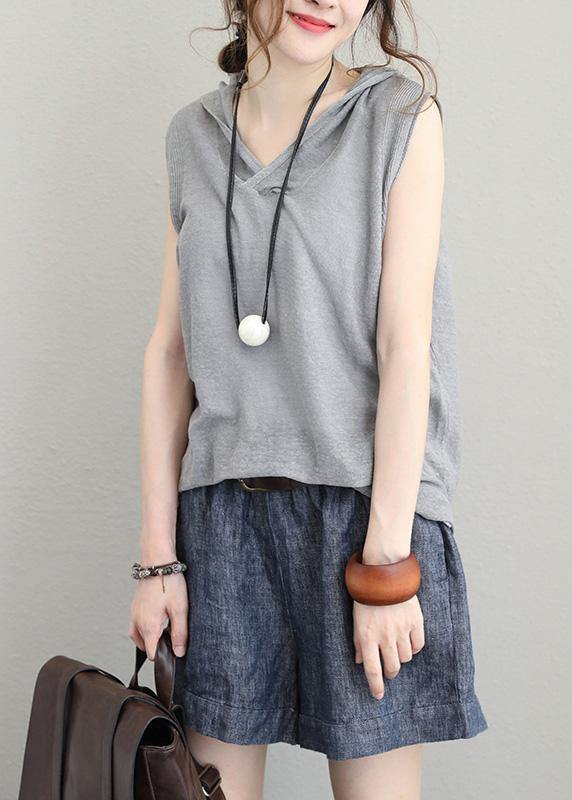 Bohemian light gray cotton Long Shirts Neckline hooded sleeveless top summer