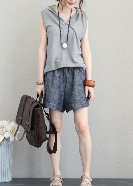 Bohemian light gray cotton Long Shirts Neckline hooded sleeveless top summer