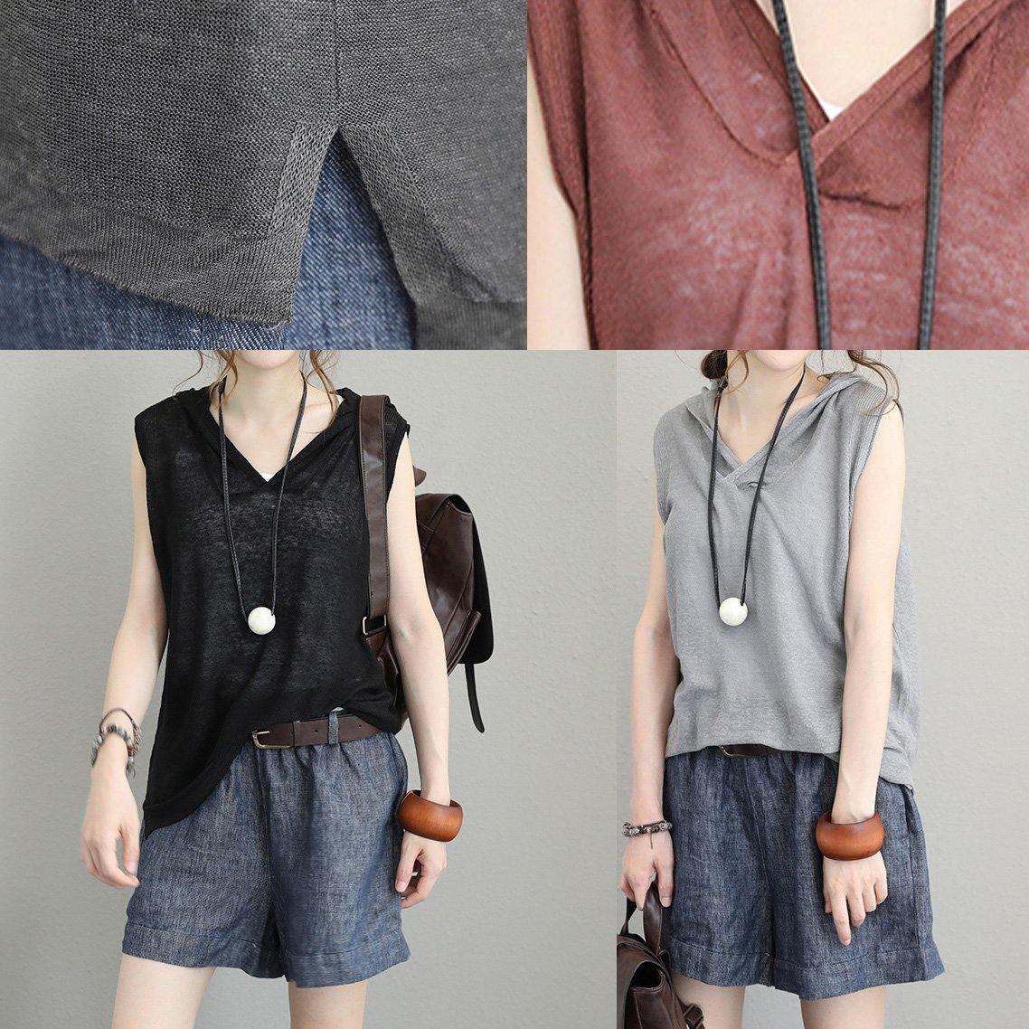 Bohemian light gray cotton Long Shirts Neckline hooded sleeveless top summer