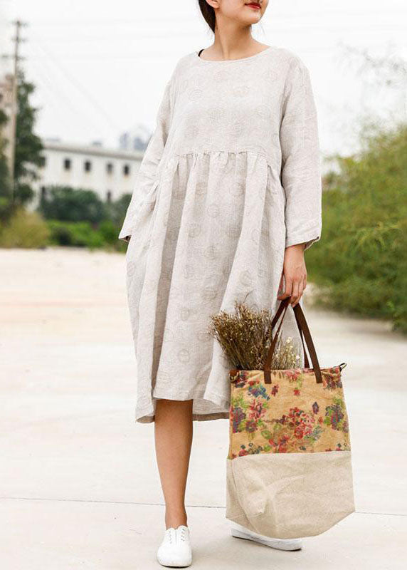 Bohemian linen outfit boutique Long Sleeve Jacquard Beige Pleat Dress