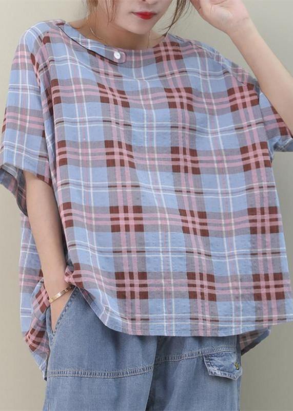 Bohemian o neck Button Down cotton summer tops women Sewing blue plaid blouses