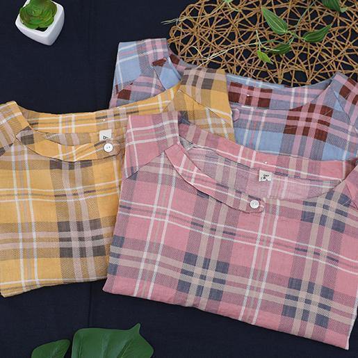 Bohemian o neck Button Down cotton summer tops women Sewing blue plaid blouses