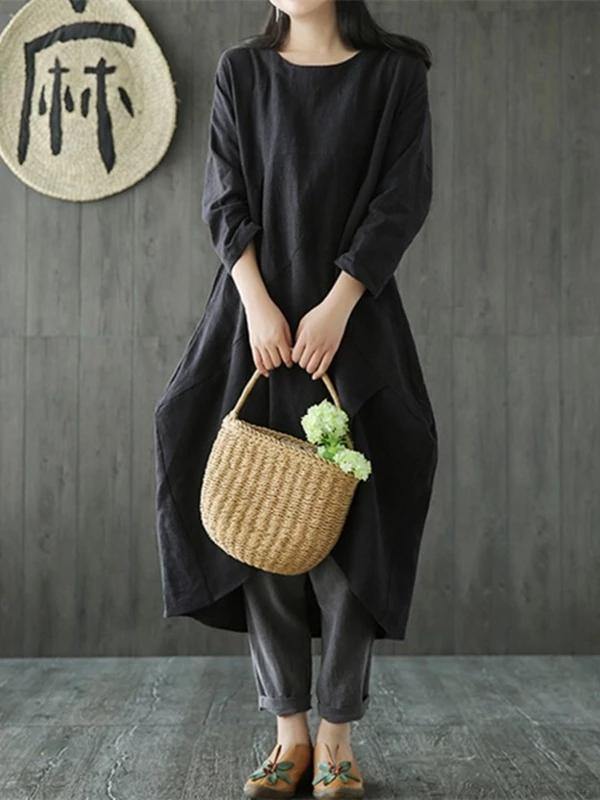 Bohemian o neck asymmetric linen cotton springLong Shirts Catwalk black Dresses