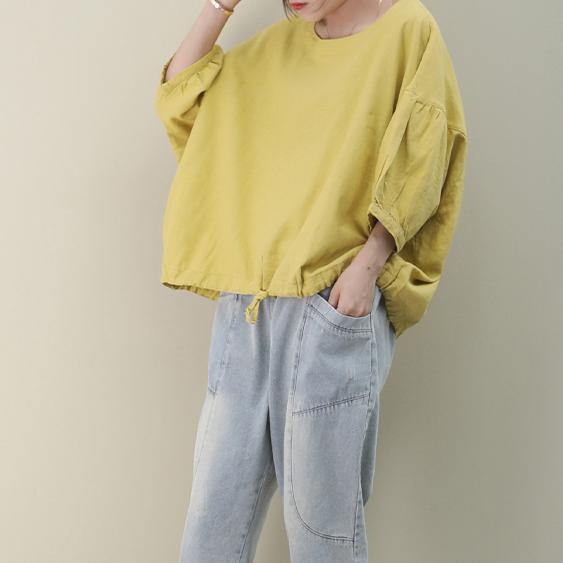 Bohemian o neck lantern sleeve linen box top Shirts yellow shirts