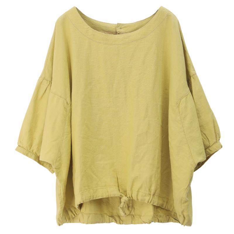 Bohemian o neck lantern sleeve linen box top Shirts yellow shirts