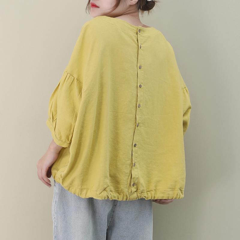 Bohemian o neck lantern sleeve linen box top Shirts yellow shirts