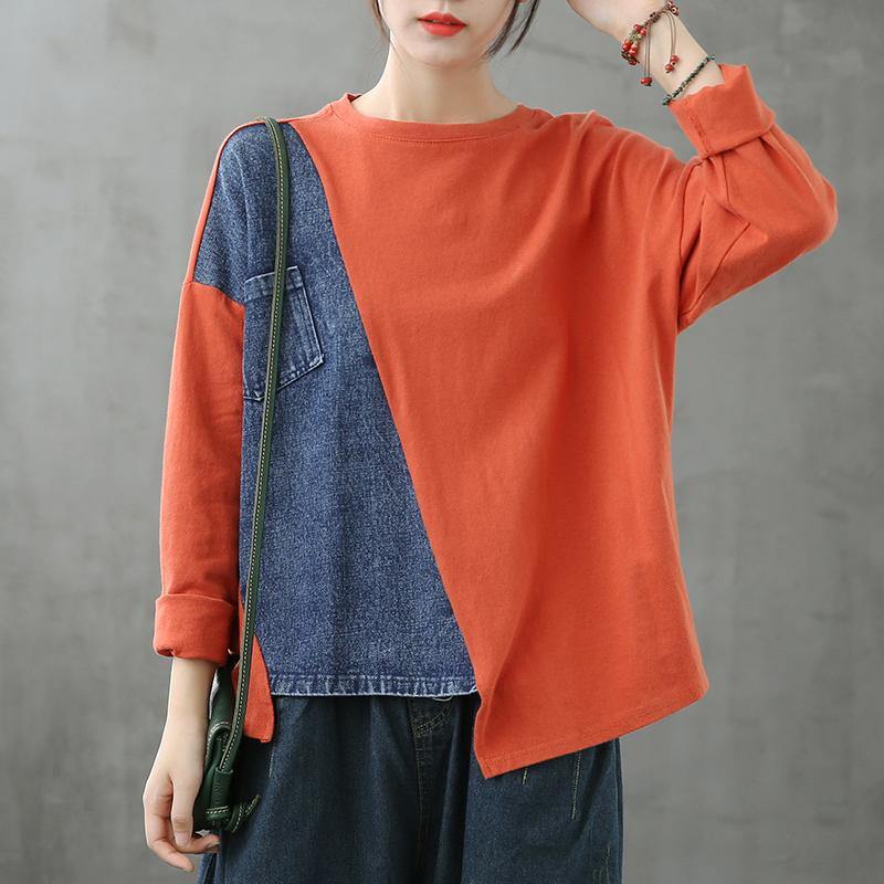 Bohemian o neck patchwork clothes Photography orange tops