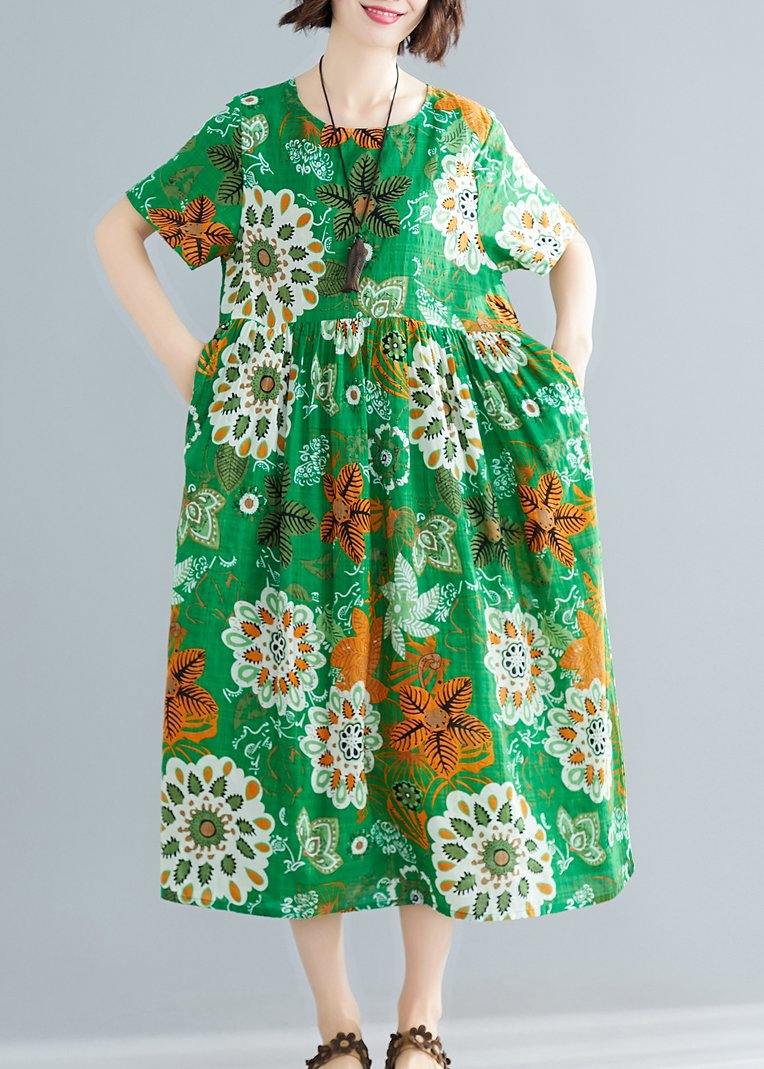 Bohemian o neck patchwork cotton green print Plus Size Dresses summer