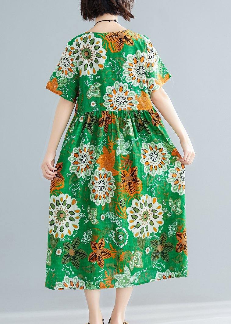 Bohemian o neck patchwork cotton green print Plus Size Dresses summer