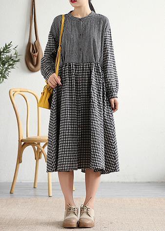 Bohemian o neck patchwork cotton linen Long Shirts Work Outfits black plaid Dress