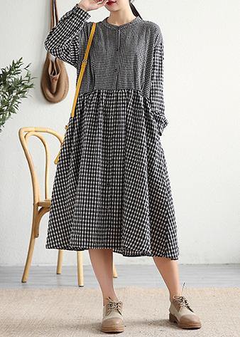 Bohemian o neck patchwork cotton linen Long Shirts Work Outfits black plaid Dress