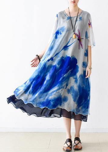 Bohemian o neck pockets chiffon Long Shirts Indian Sleeve blue print Dress Summer