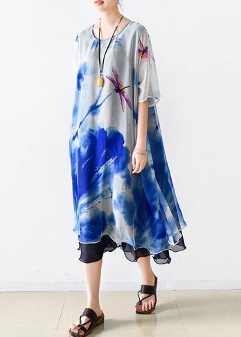 Bohemian o neck pockets chiffon Long Shirts Indian Sleeve blue print Dress Summer