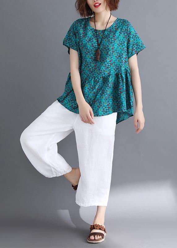 Sold Out-Bohemian o neck Cinched cotton shirts Wardrobes green print blouse summer