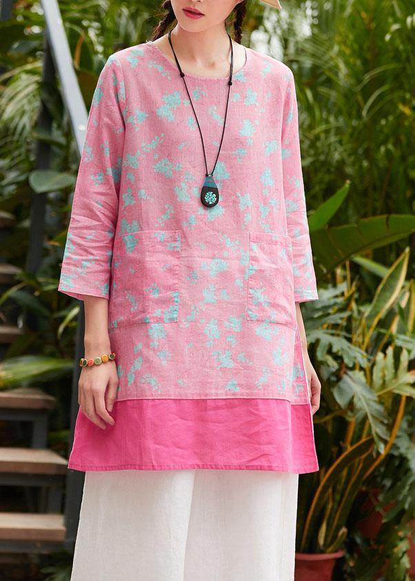 Bohemian pink print linen clothes For Women o neck pockets daily summer Dress