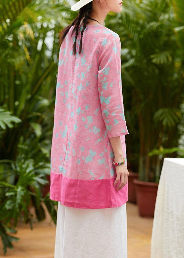 Bohemian pink print linen clothes For Women o neck pockets daily summer Dress